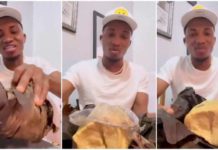 Kofi Kinaata complains about rubber used in preparing Fante kenkey. Image Credit: @kofikinaatagh