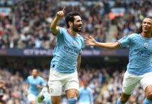 Ilkay Gundogan celebrates during the Premier League match between Manchester City and Leeds United at the Etihad Stadium in Manchester, England, on May 6, 2023. Image credit: Getty Images