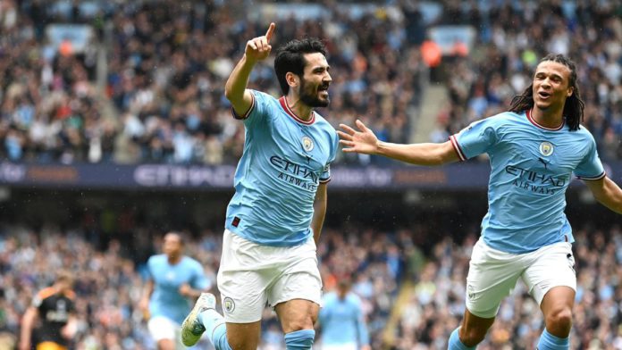 Ilkay Gundogan celebrates during the Premier League match between Manchester City and Leeds United at the Etihad Stadium in Manchester, England, on May 6, 2023. Image credit: Getty Images