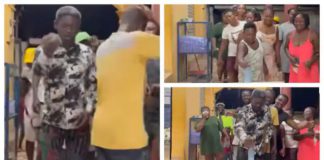 Agya Koo and Wayoosi join other movie crew members in the Flip the Bottle game Image credit: WAYOOSI TV