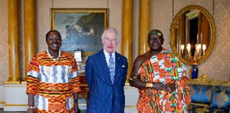 King Charles III sandwiched by Otumfuo and Lady Julia