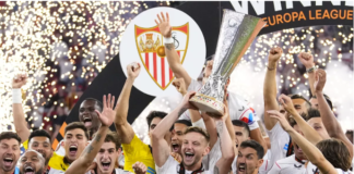 Sevilla’s team captain Ivan Rakitic lifts the trophy after winning the Europa League final soccer match between Sevilla and Roma, at the Puskas Arena in Budapest, Hungary, Wednesday, May 31, 2023. Sevilla defeated Roma 4-1 in a penalty shootout after the match ended tied 1-1. (AP Photo/Petr David Josek)(Petr David Josek / Associated Press)