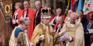 King Charles III is crowned by the archbishop of Canterbury during his coronation ceremony in Westminster Abbey, London [Jonathan Brad via Reuters]