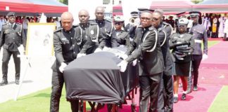Ghana Police Service transporting the remains of Peter Tenganabang Nanfuri, former Inspector General of Police, after the burial service at the State House in Accra. Picture: ELVIS NII NOI DOWUONA