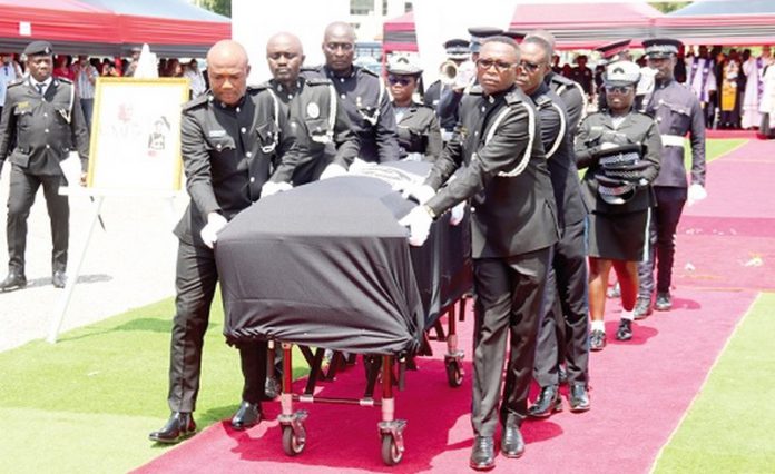 Ghana Police Service transporting the remains of Peter Tenganabang Nanfuri, former Inspector General of Police, after the burial service at the State House in Accra. Picture: ELVIS NII NOI DOWUONA