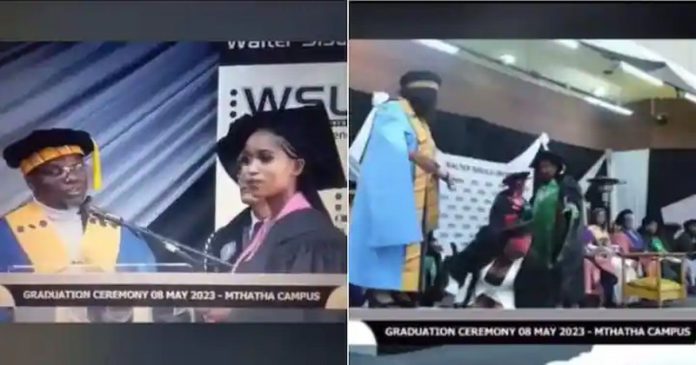 Walter Sisulu University Graduates did not heed a warning about high heels, and some fell. Image:@bucyngubo