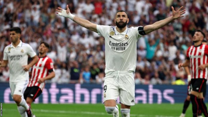 Karim Benzema scored his 354th Real Madrid goal in his final match for the club