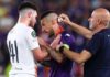Fiorentina's Cristiano Biraghi needed treatment for a wound to the head after he struck by an object thrown from the stands during Wednesday's Europa Conference League final