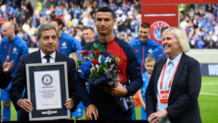 Cristiano Ronaldo was given a Guinness World Records certificate for his achievements before kick-off Cristiano Ronaldo was given a Guinness World Records certificate for his achievements before kick-off