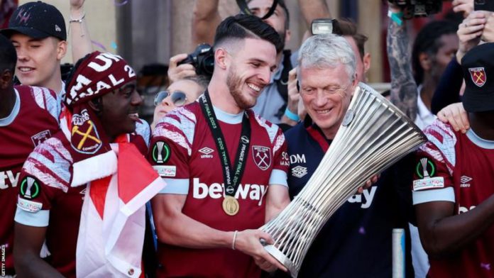 Last season Rice became the first West Ham captain since Bobby Moore to lead the club to European success