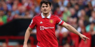 Harry Maguire wearing the Manchester United armband on the final day of the 2022-23 Premier League season against Fulham at Old Trafford