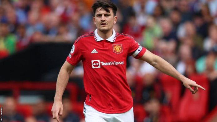 Harry Maguire wearing the Manchester United armband on the final day of the 2022-23 Premier League season against Fulham at Old Trafford