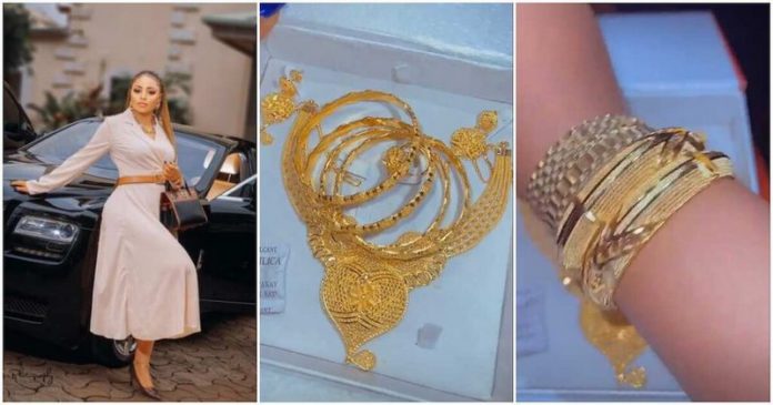 Ace Nollywood actress Regina Daniels stirs emotions online as she flaunts her expensive gold set worth over 10m. Photo credit: @regina.daniels