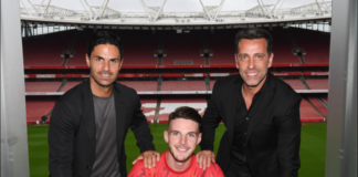 Rice (centre) has become Arsenal's record transfer following his move from West Ham