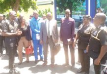 Dr George Akuffo Dampare (arrowed), Inspector General of Police, interacting with Issakka Souna, the head of the delegation, and other members of the ECOWAS Network of Electoral Commissions post-election follow-up mission