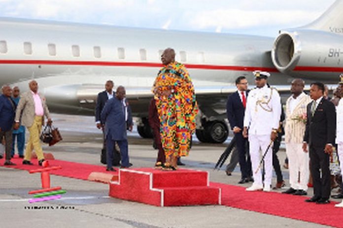 Asantehene, Otumfuo Osei Tutu II, at the Piarco International Airport in Port of Spain