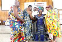 COP Maame Yaa Tiwaa Addo-Danquah (2nd from right) being enstooled as the Ekuo Na of the Holy Family Akankuo at the Accra Archdioces of the Catholic Church. Picture: SAMUEL TEI ADANO