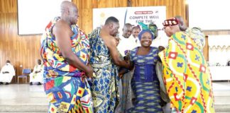 COP Maame Yaa Tiwaa Addo-Danquah (2nd from right) being enstooled as the Ekuo Na of the Holy Family Akankuo at the Accra Archdioces of the Catholic Church. Picture: SAMUEL TEI ADANO