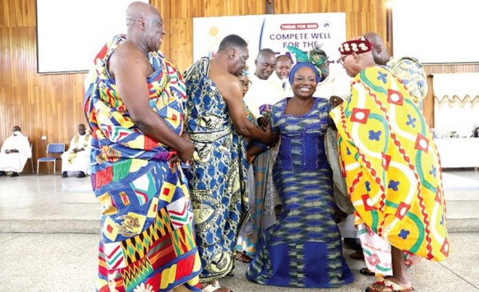 COP Maame Yaa Tiwaa Addo-Danquah (2nd from right) being enstooled as the Ekuo Na of the Holy Family Akankuo at the Accra Archdioces of the Catholic Church. Picture: SAMUEL TEI ADANO