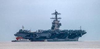 The USS Gerald R. Ford aircraft carrier is heading to the region (file photo)