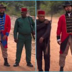 Ramsay Nouah, Victor Osuagwu And Charles Awurum on a film set in Ghana Photo credit: @Lil Win/Facebook