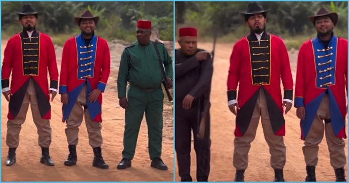 Ramsay Nouah, Victor Osuagwu And Charles Awurum on a film set in Ghana Photo credit: @Lil Win/Facebook