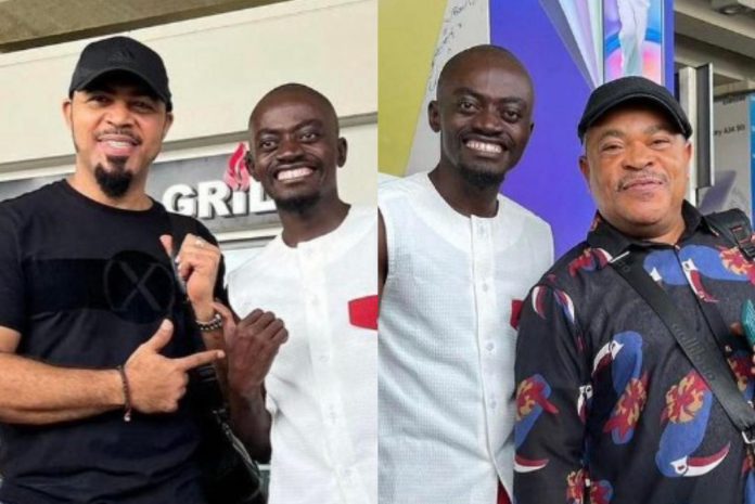 Ramsey Noah and Victor Osuagwu welcomed at the Kotoka International Airport, Ghana by Ghanaian actor Kwadwo Nkansh popualrly referred to as Lil Win for a film project titled 