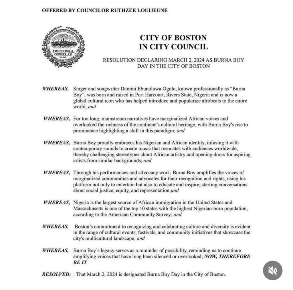 March 2 declared 'Burna Boy Day' in Boston