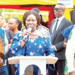 Prof. Naana Jane Opoku-Agyemang (middle), NDC 2024 running mate, introducing Emilia Arthur (left), the NDC parliamentary candidate for Shama, at one of the events