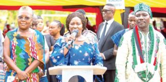 Prof. Naana Jane Opoku-Agyemang (middle), NDC 2024 running mate, introducing Emilia Arthur (left), the NDC parliamentary candidate for Shama, at one of the events