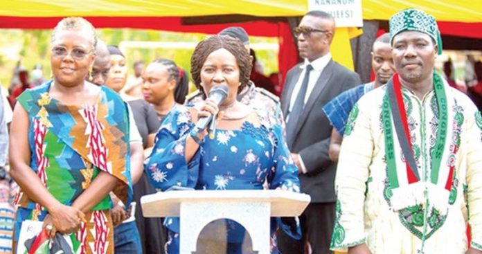 Prof. Naana Jane Opoku-Agyemang (middle), NDC 2024 running mate, introducing Emilia Arthur (left), the NDC parliamentary candidate for Shama, at one of the events