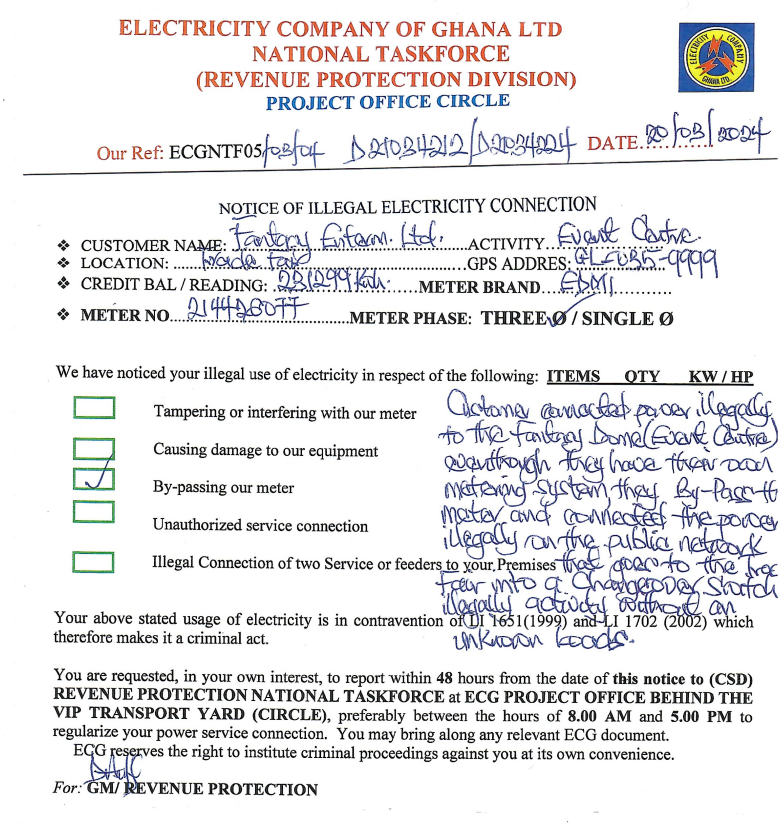 ECG demands accountability from Fantasy Dome management after alleged illegal power connection