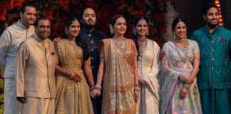 The Ambani family at the engagement of Radhika Merchant (third from left) and Anant Ambani (fourth from left) in January 2023