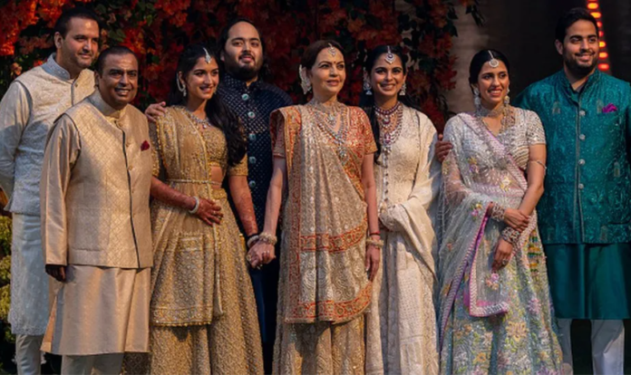 The Ambani family at the engagement of Radhika Merchant (third from left) and Anant Ambani (fourth from left) in January 2023