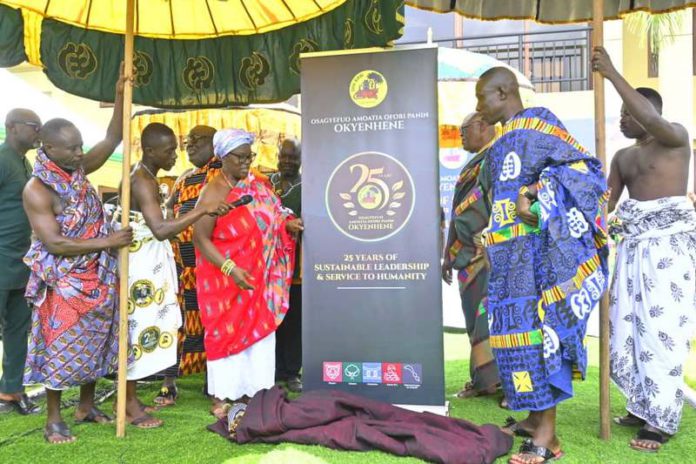 Unveiling of the anniversary logo: from Right, Okyenhemaa - Nana Adutwumwaa Dokua... Left Daasebre Nyarko Asumadu Appiah - Okyeman Oseawuohene /Wankyihene