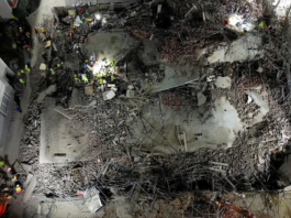 A drone view of the scene of a building collapse where several construction workers are thought to be trapped in George, South Africa May 6, 2024. Shafiek Tassiem/Reuters