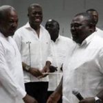John Mahama greets Koku Anyidoho with late VP Amissah Arthur looking on - File photo