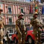 Soldiers stand guard outside the presidential palace in Plaza Murillo in La Paz, Bolivia. (AP Photo/Juan Karita)COPYRIGHT 2024 THE ASSOCIATED PRESS. ALL RIGHTS RESERVED