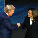 Former President Donald Trump shakes hands with Vice President Kamala Harris at the start of the ABC presidential debate in Philadelphia on Tuesday. Saul Loeb/AFP/Getty Images