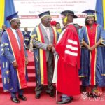 Sir Sam Jonah (2nd from left), Chancellor of UCC, congratulating Dr Ben Bishop Nyanihorba Ayamba. Looking on are Prof. Johnson Nyarko Boampong (left), Vice-Chancellor, and Prof. Rosemond Boohene, Pro Vice-Chancellor of UCC