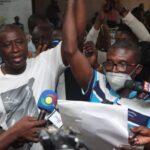 Patrick Yaw Boamah (left), being declared winner of the Okaikwei Central Constituency Parliamentary election. Picture: ELVIS NII NOI DOWUONA
