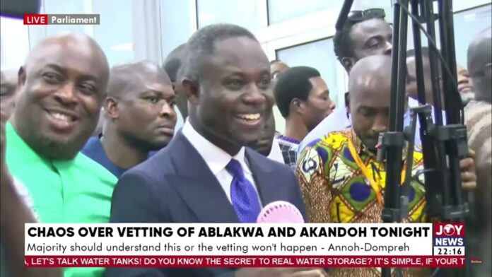 Video Thumbnail: Tables and microphones destroyed as chaos erupts over vetting of Ablakwa and Akandoh.