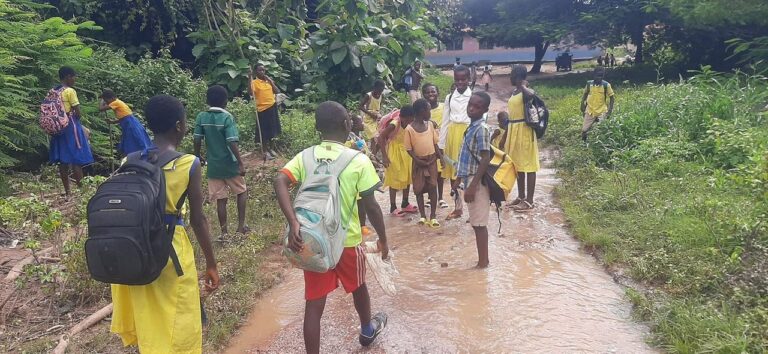 Flooded river cuts off pupils of Badu Methodist ‘B’ Basic School in Tain District