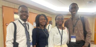 Samuel Afolabi of Ibadan University (left), Lydia Ankomah Obeng (in white) of University of Ghana Medical School and colleagues at 8th Galien Africa Forum, Dakar