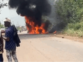 Toyota Voxy burnt beyond recognition after crash at Asikyire Nkwanta