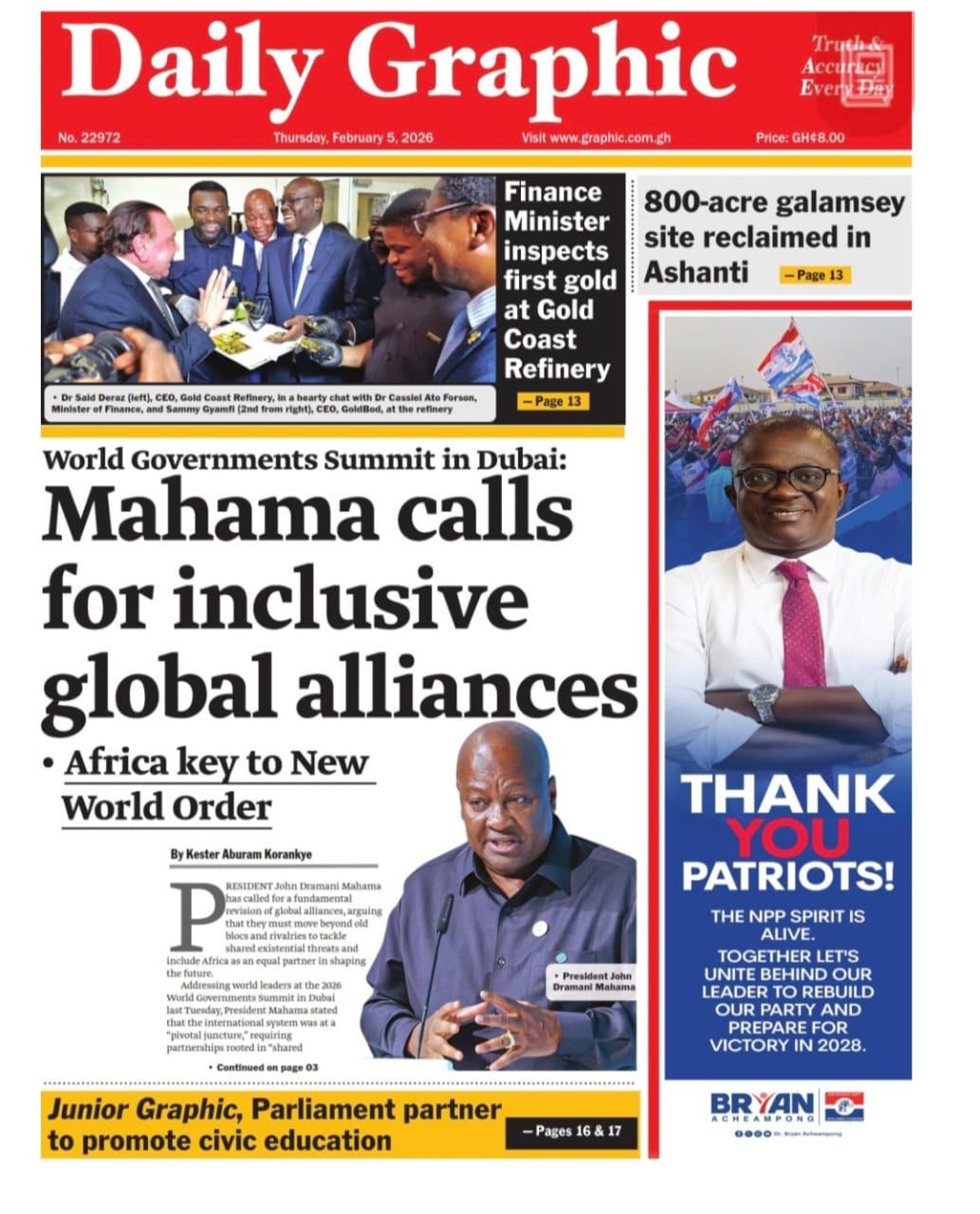 Newspaper headlines: Thursday, February 5, 2026 - Adomonline.com