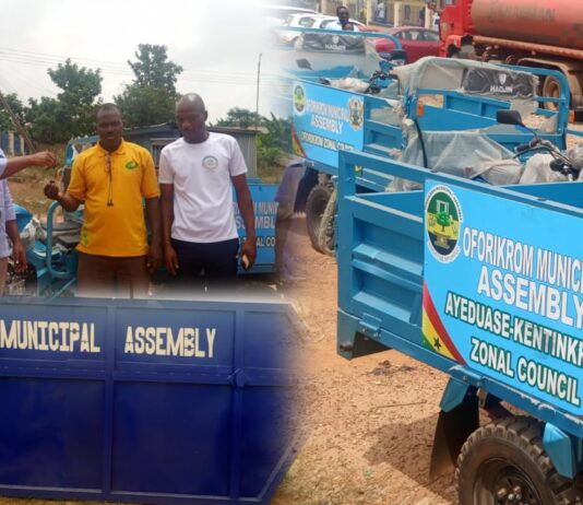 Oforikrom Assembly bolsters sanitation drive with new tricycles, skip containers; 90 sweepers to be employed
