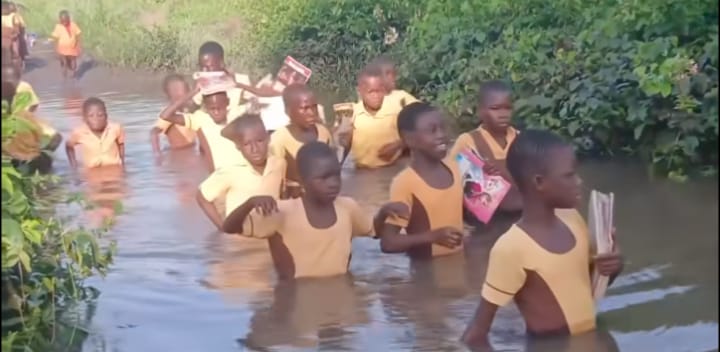 Avetakpo: Somewhere in Volta region where pupils swim through river to access education