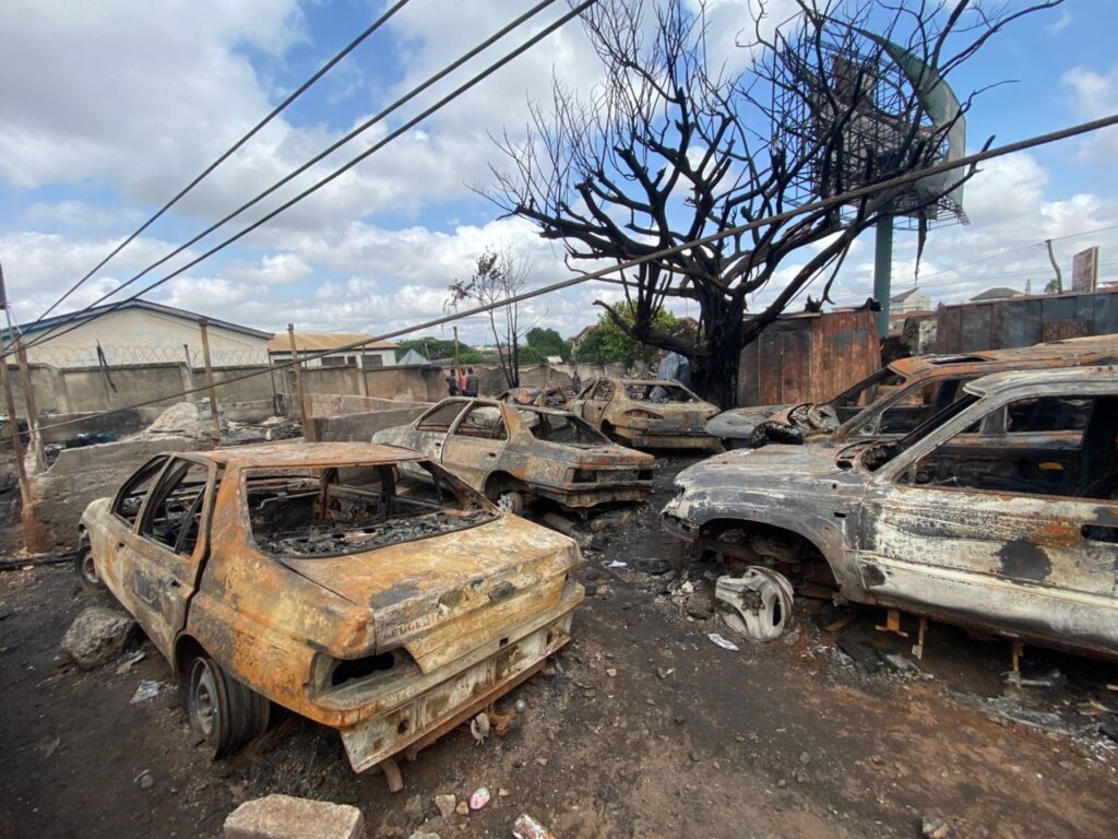 Over 100 motorbikes, 10 cars and 15 containers destroyed as fire guts fitting shops in Kumasi