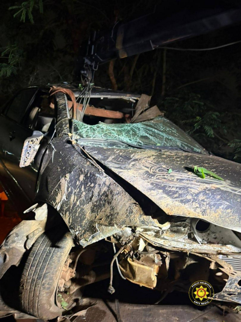 Driver trapped after car overturns on Akropong–Akufo road